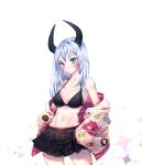  1girl aqua_eyes bad_id bad_twitter_id badge bangs bikini black_bikini black_horns black_skirt blue_hair breasts closed_mouth commentary_request cowboy_shot demon_girl facial_mark hands_in_pockets highres horns hyuding_(hhgy0925) jacket korean_commentary light_frown logo long_hair long_sleeves looking_at_viewer medium_breasts miniskirt navel off_shoulder open_clothes open_jacket original pleated_skirt skirt solo standing swimsuit white_background white_jacket 