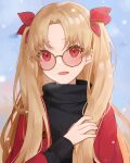  1girl alternate_costume bangs black_sweater blush bow ereshkigal_(fate/grand_order) fate/grand_order fate_(series) hair_bow hand_up highres jacket long_hair long_sleeves looking_at_viewer open_clothes open_jacket open_mouth red_bow red_eyes red_jacket round_eyewear short_hair smile solo sweater turtleneck turtleneck_sweater twintails younomiti 