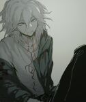  1boy ai_(meira32373165) bangs black_pants collarbone commentary_request dangan_ronpa_(series) dangan_ronpa_2:_goodbye_despair green_jacket grey_eyes grey_hair hair_between_eyes in_mouth jacket knee_up komaeda_nagito male_focus messy_hair mouth_hold off_shoulder open_clothes open_jacket pants print_shirt red_ribbon ribbon shirt simple_background sitting sketch smile solo upper_body 