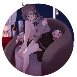  1girl absurdres bare_legs barefoot brown_hair choker couch detached_sleeves earrings glasses green_eyes hands_on_feet highres hololive jewelry long_hair nail_polish natsuiro_matsuri pleated_skirt saco_(cgmore) see-through skirt smile solo toenail_polish toes twintails virtual_youtuber 