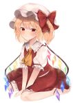  1girl arms_between_legs ascot barefoot blonde_hair blush bow closed_mouth crystal dako_ss eyebrows_behind_hair fang flandre_scarlet flat_chest frilled_shirt_collar frills full_body hat hat_bow highres light_smile mob_cap puffy_short_sleeves puffy_sleeves red_bow red_eyes red_skirt red_vest shirt short_hair short_sleeves simple_background sitting skin_fang skirt skirt_set solo touhou v_arms vest wariza white_background white_headwear white_shirt wings yellow_neckwear 