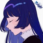  1girl bangs blue_hair blush english_text kisaragi_yuu_(fallen_sky) long_hair original portrait profile signature simple_background solo white_background 