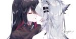  2girls arknights artist_name bangs black_hair closed_eyes food lappland_(arknights) multiple_girls oripathy_lesion_(arknights) pocky pocky_kiss portrait sheya signature silver_hair simple_background texas_(arknights) white_background yuri 