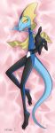  absurdres commentary_request creature enishi_(menkura-rin10) full_body gen_8_pokemon highres inteleon looking_at_viewer lying no_humans on_side pokemon pokemon_(creature) signature yellow_eyes 