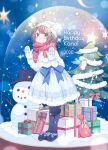  1girl absurdres black_legwear blurry blurry_background blush brown_hair christmas_tree commentary_request deer_antlers full_body gift highres issindotai kano_(singer) looking_at_viewer original pantyhose scarf short_hair snow_globe snowing snowman solo violet_eyes virtual_youtuber winter_clothes 