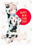  1girl 2021 animal_costume animal_hood artist_name blonde_hair blue_eyes blush bottle closed_mouth cow_costume happy_new_year highres hiten_(hitenkei) holding holding_bottle hood long_hair looking_at_viewer milk milk_bottle new_year original signature sitting solo wariza 