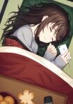  1girl absurdres blush brown_hair cellphone closed_eyes closed_mouth commentary_request cushion food from_above fruit grey_sweater highres indoors kotatsu long_hair long_sleeves lying mandarin_orange ochiai_miyabi on_side original phone sleeping sleeves_past_wrists smartphone smile solo sweater table tatami under_kotatsu under_table zabuton 