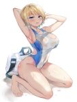  1girl arm_behind_head armpits arms_up bag bare_shoulders barefoot blonde_hair blue_eyes breasts competition_swimsuit covered_navel duffel_bag full_body groin highleg highleg_swimsuit highres kuwahara_hazuki large_breasts looking_at_viewer one-piece_swimsuit open_mouth original sanshoku_amido see-through shadow short_hair side_cutout simple_background smile solo swimsuit thighs wet wet_clothes wet_swimsuit white_background 