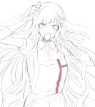  1girl apron bandaged_arm bandages bangs blunt_bangs commentary_request cowboy_shot dangan_ronpa_(series) dangan_ronpa_2:_goodbye_despair dress_shirt greyscale hands_up highres iumi_urura long_hair looking_at_viewer messy_hair monochrome nurse open_mouth shirt short_sleeves simple_background skirt solo tsumiki_mikan upper_body upper_teeth white_background 