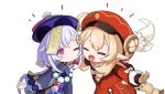  2girls ahoge backpack bag bangs bead_necklace beads blonde_hair blush braid closed_eyes coin coin_hair_ornament dress genshin_impact hair_between_eyes hat hat_feather jewelry klee_(genshin_impact) long_hair long_sleeves low_twintails multiple_girls necklace pointy_ears purple_hair purple_headwear qing_guanmao qiqi ran_system red_dress red_headwear smile talisman thigh-highs twintails violet_eyes white_feathers wide_sleeves 