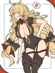 1girl blonde_hair boots breasts cleavage earrings garter_straps granblue_fantasy hair_over_one_eye high_boots highres large_breasts ll_0109 long_hair predator_(granblue_fantasy) red_eyes ribbon smile solo spoken_skull tagme thighhighs