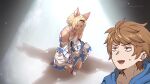  1boy animal_ears blonde_hair brown_eyes brown_hair closed_eyes dark_skin erune facial_hair gloves gran_(granblue_fantasy) granblue_fantasy highres idol_clothes kimi_to_boku_no_mirai lowain_(granblue_fantasy) male_focus multiple_boys official_art short_hair simple_background spotlight white_gloves 