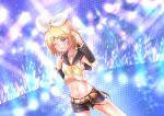  1girl ;d arm_tattoo bangs bare_shoulders belt black_sailor_collar black_shorts blonde_hair blue_eyes blush bow breasts brown_belt collarbone commentary_request cowboy_shot crop_top detached_sleeves eyebrows_visible_through_hair glowstick groin hair_bow hair_ornament hairclip hand_on_headphones headset highres kagamine_rin lens_flare light_particles midriff navel neckerchief nemuri_usagi_yufoo number_tattoo one_eye_closed open_mouth parted_bangs sailor_collar shirt short_hair short_shorts shorts sidelocks small_breasts smile solo stage stage_lights standing sweat tattoo teeth vocaloid white_shirt yellow_neckwear 