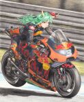  1girl 2021 barrier bibendum biker_clothes bikesuit black_footwear black_gloves character_name chinese_zodiac colored_pencil_(medium) day ex-keine expressionless gloves green_hair ground_vehicle highres horn_ornament horn_ribbon horns kamishirasawa_keine ktm_ag long_hair looking_to_the_side michelin motor_vehicle motorcycle number outdoors racetrack red_bull red_eyes ribbon rpracing solo sponsor touhou traditional_media year_of_the_ox 