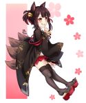  1girl :d akagi-chan_(azur_lane) animal_ears azur_lane bangs bell black_hair blunt_bangs bow cherry_blossom_print commentary eyebrows_visible_through_hair eyeshadow finger_to_mouth floral_print fox_ears fox_girl fox_tail full_body grin hair_bow hair_ornament hair_ribbon hairpin highres japanese_clothes kyuubi looking_at_viewer makeup maroonabyss multiple_tails open_mouth orange_eyes pleated_skirt red_skirt ribbon sidelocks signature skirt smile solo tail thigh-highs twintails wide_sleeves zettai_ryouiki 