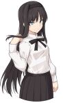  1girl bangs black_hair black_skirt blue_eyes breasts collared_shirt dress_shirt hairband long_hair long_sleeves looking_at_viewer pleated_skirt shirt shiseki_hirame simple_background skirt small_breasts tohno_akiha tsukihime tsukihime_(remake) white_background white_shirt 