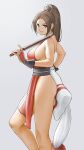  1girl bangs bare_shoulders breasts brown_eyes brown_hair closed_mouth commentary_request fatal_fury fingernails from_side grey_background highres holding japanese_clothes lips long_hair looking_at_viewer medium_breasts ninja parted_bangs pelvic_curtain ponytail revealing_clothes shiny shiny_hair shiranui_mai simple_background sleeveless smile solo standing the_king_of_fighters thighs tied_hair x_chitch 