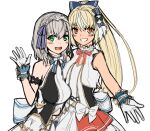  2girls bangs blonde_hair blue_bow bow breasts dark_skin dark-skinned_female gloves green_eyes hair_bow hololive idol_clothes kintsuba_(shiranui_flare) large_breasts long_pointy_ears long_ponytail metal_hairband multiple_girls open_hand pointy_ears ponytail sazare_(sazare_az) shiranui_flare shirogane_noel silver_hair sketch smile tied_hair virtual_youtuber waving white_background white_bow white_gloves 