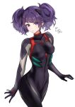  1girl absurdres bangs black_bodysuit black_gloves bodysuit breasts closed_mouth collarbone covered_navel cowboy_shot diagonal_bangs gloves headgear highres idolmaster idolmaster_shiny_colors looking_at_viewer medium_breasts neon_genesis_evangelion number plugsuit purple_hair short_hair short_twintails signature skin_tight sodemaru_unagi solo tanaka_mamimi twintails violet_eyes wide_hips 