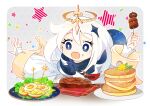  1girl artist_name blue_eyes blush cape dress egg eyebrows_visible_through_hair food food_request genshin_impact hair_between_eyes halo laht open_mouth paimon_(genshin_impact) pancake scarf short_hair skewer sparkle star_(symbol) steak white_dress white_hair 