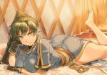  1girl ass asymmetrical_bangs bangs barefoot belt black_gloves blush breasts closed_mouth earrings feet_up fingerless_gloves fire_emblem fire_emblem:_the_blazing_blade gloves green_eyes green_hair high_ponytail jewelry large_breasts long_hair looking_at_viewer lying lyn_(fire_emblem) obi on_stomach ponytail sash sepia shinon_(tokage_shuryou) short_sleeves side_slit smile thighs 