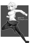  1girl arcueid_brunestud boots breasts closed_mouth commentary_request from_side greyscale highres jumping knee_boots large_breasts long_sleeves looking_at_viewer miniskirt miso_dengaku_(donadonaton) monochrome pantyhose pleated_skirt short_hair skirt smile solo sweater translation_request tsukihime tsukihime_(remake) turtleneck turtleneck_sweater 