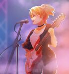  1girl absurdres cable choker concert dvach-tan electric_guitar everlasting_summer guitar highres instrument jacket light_smile melloncollie-chan microphone music open_clothes open_mouth orange_hair playing_instrument plectrum short_hair singing smile solo stratocaster undershirt visual_novel yellow_eyes 