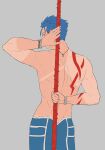  1boy arms_behind_back back biceps blue_hair bodypaint bracelet cu_chulainn_(fate)_(all) fate/grand_order fate_(series) from_behind gae_bolg grey_background holding holding_polearm holding_weapon jewelry lancer looking_back male_focus muscular polearm polearm_behind_back red_eyes ruuto_(ruto3) shirtless short_hair simple_background solo type-moon weapon 