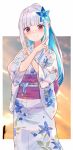  1girl bangs blue_hair blunt_bangs blurry blurry_background blush clouds cloudy_sky colored_inner_hair commentary cowboy_shot crossed_arms double_v eyebrows_visible_through_hair floral_print flower grin hair_flower hair_ornament highres japanese_clothes kimono lize_helesta long_hair looking_at_viewer multicolored_hair nijisanji obi orange_sky outdoors ponytail red_eyes sash silver_hair sky smile solo straight_hair streaked_hair two-tone_hair v virtual_youtuber virus_(obsession) white_kimono 