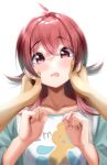  1girl absurdres ahoge animal_print bear_print blush commentary_request hands_on_another&#039;s_cheeks hands_on_another&#039;s_face highres idolmaster idolmaster_shiny_colors komiya_kaho long_hair long_sleeves looking_at_viewer pov pov_hands print_shirt red_eyes redhead shirt solo_focus tera2001 upper_body white_background 