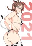  1girl 2021 :o akizuki_ritsuko animal_ears animal_print antenna_hair ass bangs bare_arms bare_shoulders bell bell_collar bikini black-framed_eyewear blunt_bangs blush braid breasts brown_eyes brown_hair collar commentary_request cow_ears cow_girl cow_horns cow_print cow_tail cowbell cowboy_shot eyebrows_visible_through_hair fingernails from_side glasses hands_on_hips highres horns idolmaster idolmaster_(classic) looking_at_viewer looking_to_the_side medium_breasts parted_lips print_bikini print_legwear rimless_eyewear short_hair shoulder_blades sideboob sidelocks simple_background single_braid solo standing swimsuit tail thigh-highs tsurui white_background 
