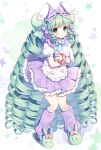  1girl :o animal_ears apron bangs blue_eyes bow commentary_request commission drill_hair eyebrows_visible_through_hair frilled_apron frilled_bow frilled_skirt frills full_body green_footwear green_hair hair_bow heart highres kneehighs long_hair looking_at_viewer mauve object_hug original parted_lips pixiv_request pleated_skirt puffy_short_sleeves puffy_sleeves purple_bow purple_legwear purple_skirt rabbit_ears shirt short_sleeves simple_background skirt slippers solo standing starry_background stuffed_animal stuffed_bunny stuffed_toy very_long_hair waist_apron white_apron white_background white_shirt 