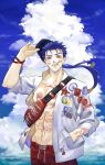  1boy alternate_costume blooming_yuki blue_hair bodypaint bracelet closed_mouth clouds cu_chulainn_(fate)_(all) cu_chulainn_alter_(fate/grand_order) dark_persona earrings expressionless facepaint fate/grand_order fate_(series) hand_in_pocket highres jewelry long_hair looking_at_viewer male_focus male_swimwear muscular open_clothes open_shirt ponytail red_eyes removing_hat sharp_teeth short_sleeves sky solo spiky_hair swim_trunks swimwear teeth type-moon under_the_same_sky 