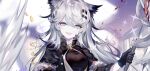  1girl :d animal_ears arknights bangs black_dress black_gloves blood blood_on_face commentary_request dress eyebrows_visible_through_hair gloves grey_eyes hair_between_eyes hair_ornament hairclip head_tilt holding holding_sword holding_weapon lappland_(arknights) lappland_(refined_horrormare)_(arknights) long_hair looking_at_viewer official_alternate_costume open_mouth sheya silver_hair smile solo sword upper_body weapon wolf_ears 