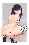  animal_ears animal_print bikini body_writing boots cow_ears cow_girl cow_horns cow_print cow_tail ear_tag elbow_gloves eyebrows_visible_through_hair from_behind gloves high_heels highres horns kagto_(alterna) long_hair looking_at_viewer looking_back shoulder_blades simple_background solo squatting ssss.gridman sweat swimsuit tail thigh-highs thigh_boots thong_bikini 