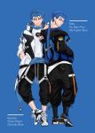  2boys alternate_costume arm_on_shoulder baggy_pants beads blue_hair closed_mouth cu_chulainn_(fate)_(all) cu_chulainn_(fate/grand_order) earrings fate/grand_order fate/stay_night fate_(series) fingerless_gloves full_body gloves hair_beads hair_ornament highres hood hood_down hoodie jacket jewelry lancer long_hair looking_at_viewer male_focus multiple_boys multiple_persona nike pants pocket ponytail red_eyes reebok ruuto_(ruto3) shoes simple_background smile sneakers spiky_hair standing type-moon white_background 