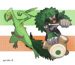  commentary_request creature enishi_(menkura-rin10) gen_3_pokemon gen_8_pokemon highres looking_at_viewer no_humans pokemon pokemon_(creature) rillaboom sceptile signature striped striped_background 