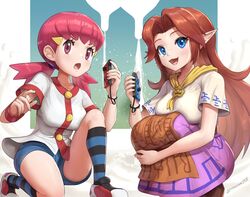  1-2-switch 2girls :3 ascot blue_eyes brown_eyes brown_hair company_connection cremia dress gonzarez gym_leader highres joy-con looking_at_viewer milk multiple_girls nintendo open_mouth pink_hair pointy_ears pokemon pokemon_(game) pokemon_gsc shoes short_shorts shorts sneakers squatting striped striped_legwear the_legend_of_zelda the_legend_of_zelda:_majora&#039;s_mask twintails udder whitney_(pokemon) 