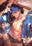  1boy arm_guards brown_hair collarbone dual_wielding fan glasses guilty_gear guilty_gear_strive hankuri headband holding hankuri jacket japanese_clothes looking_at_viewer mito_anji muscular muscular_male short_hair smile solo traditional_media weapon 