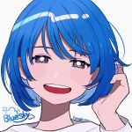  1girl blue_hair blush brown_eyes english_text hand_up kisaragi_yuu_(fallen_sky) long_sleeves looking_at_viewer open_mouth original pink_nails shirt short_hair signature simple_background smile solo white_background white_shirt 