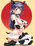  1girl absurdres alternate_costume animal_costume animal_ears animal_print arm_under_breasts bare_shoulders bikini black_hair blush breasts brown_eyes chinese_zodiac collar commentary_request cow_ears cow_print elbow_gloves fake_animal_ears fake_tail flying_sweatdrops gloves highres kantai_collection large_breasts long_hair looking_at_viewer micro_bikini navel new_year open_mouth side-tie_bikini sitting skindentation soles solo swimsuit tail thigh-highs tsusshi ushio_(kantai_collection) 