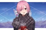  1girl 2021 animal_on_shoulder bangs black_jacket black_scarf blush breasts commentary_request cup eyebrows_visible_through_hair fate/grand_order fate_(series) fou_(fate/grand_order) hair_over_one_eye holding holding_cup jacket large_breasts long_sleeves looking_at_viewer mash_kyrielight nerua open_mouth pink_hair plaid plaid_scarf portrait scarf short_hair smile steam upper_teeth violet_eyes 