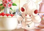  alcremie alcremie_(strawberry_sweet) alcremie_(vanilla_cream) commentary_request creature enishi_(menkura-rin10) flower food fork fruit full_body gen_8_pokemon highres holding holding_fork no_humans pokemon pokemon_(creature) red_eyes signature solo standing strawberry table vase 