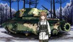 1girl :&lt; animal_ears blush brown_eyes brown_hair caterpillar_tracks commentary_request day forest fox_ears grass ground_vehicle gun highres korean_commentary looking_at_viewer m47_patton military military_vehicle motor_vehicle nature original rifle short_hair snow solo standing tank tree trench_coat weapon yihan_world 
