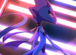  arm_belt artist_name choker closed_mouth commentary english_commentary from_side gen_8_pokemon highres inteleon looking_at_viewer neon_lights pokemon pokemon_(creature) shiny solo spikemuth watermark yellow_eyes zymonasyh 