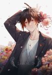  1boy badge bangs black_hair blue_eyes blurry blurry_background brown_hair closed_mouth collarbone earrings floral_background flower genshin_impact hair_between_eyes highres holding holding_flower jacket jewelry long_hair long_sleeves looking_at_viewer male_focus multicolored_hair necklace orange_hair petals shirt simple_background single_earring solo sparkle suketto_0112 tartaglia_(genshin_impact) tassel tassel_earrings v white_background white_shirt yellow_eyes zhongli_(genshin_impact) 