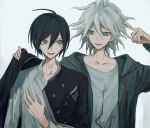  2boys ahoge black_hair coat collarbone collared_shirt commentary_request dangan_ronpa_(series) dangan_ronpa_2:_goodbye_despair dangan_ronpa_v3:_killing_harmony green_coat grey_eyes grey_hair grey_shirt hair_between_eyes hand_on_own_chest highres holding holding_clothes holding_jacket hooded_coat index_finger_raised iumi_urura jacket komaeda_nagito long_fingers long_sleeves looking_at_another male_focus messy_hair multiple_boys open_clothes open_coat open_mouth print_shirt saihara_shuuichi shirt simple_background smile upper_body 