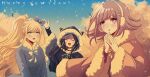 3girls bangs blonde_hair bow braid commentary criis-chan dangan_ronpa_(series) dangan_ronpa_2:_goodbye_despair earmuffs fur_trim hood long_hair multicolored_hair multiple_girls nanami_chiaki outdoors pink_hair smile sonia_nevermind tsumiki_mikan white_hair winter_clothes