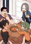  1boy 3girls bike_shorts bin black_hair chabudai_(table) commentary eating fang food fruit hanten_(clothes) highres hood hoodie igarashi_futaba_(shiromanta) kotatsu kurobe_natsumi_(shiromanta) laughing mandarin_orange multiple_girls orange_hoodie pointing senpai_ga_uzai_kouhai_no_hanashi shiromanta shirt short_hair sweatshirt table takeda_harumi_(shiromanta) tsukishiro_mona_(shiromanta) under_kotatsu under_table 