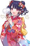  1girl balloon black_hair bow bunny_hair_ornament chiri_(ch!) double_bun fang floral_print flower fukumaru_koito hair_bow hair_flower hair_ornament idolmaster idolmaster_shiny_colors japanese_clothes kimono looking_at_viewer open_mouth print_kimono rabbit red_kimono short_hair skin_fang solo symbol_commentary violet_eyes white_background wide_sleeves 